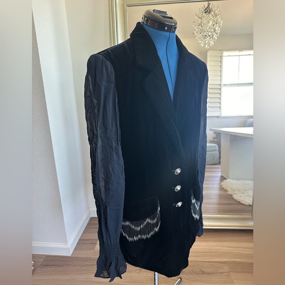 Vtg 80s Dorothy Schoelen Velvet Evening Silk Sheer Sleeves beaded Fringe Blazer - Picture 5 of 15